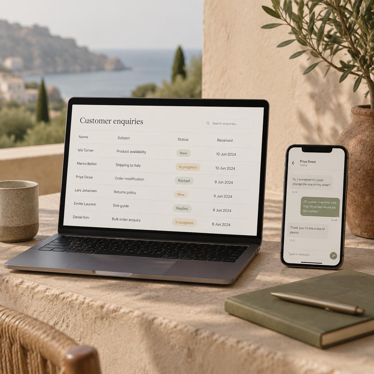Laptop and phone on a plaster ledge showing an organised list of customer enquiries