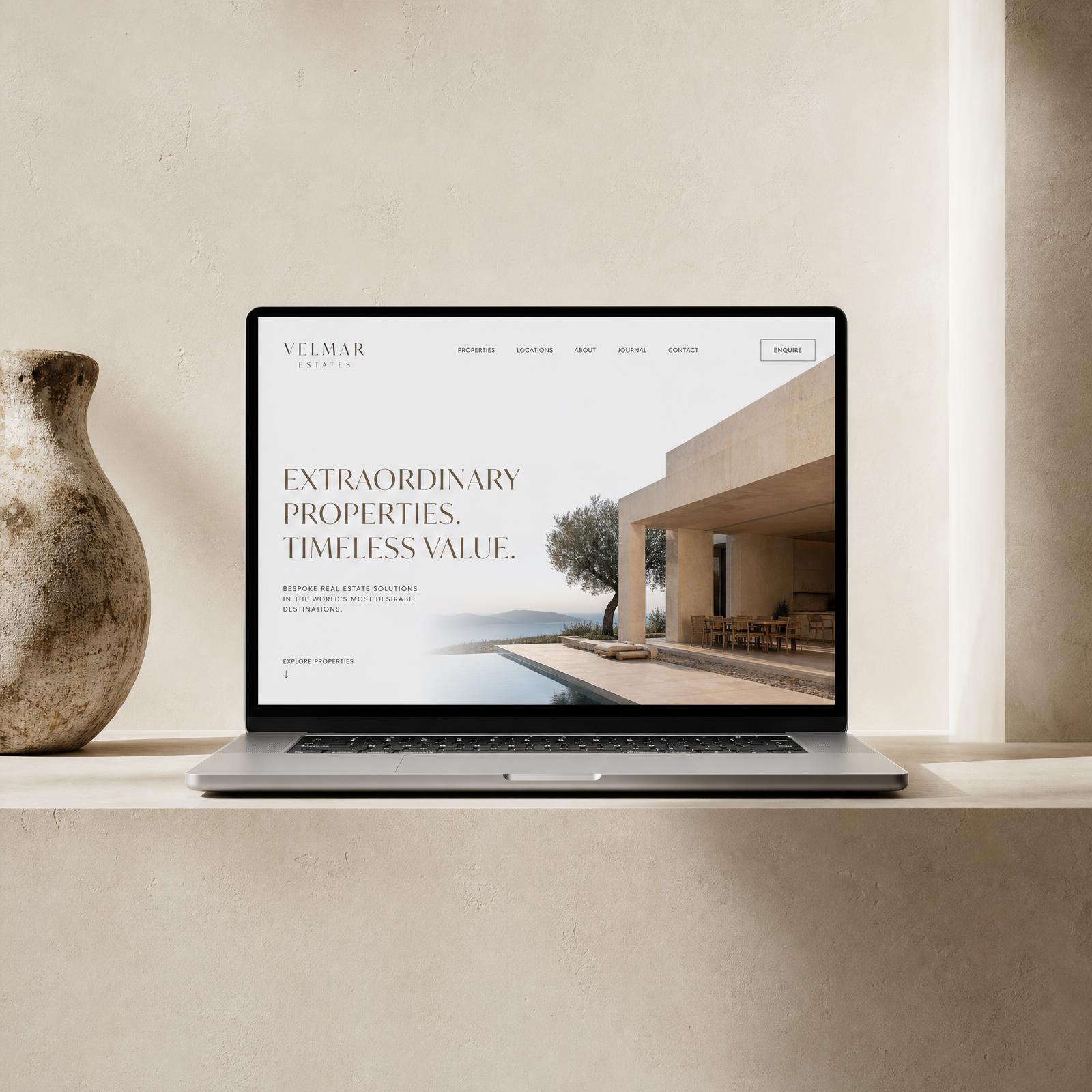 Laptop on a stone ledge showing a luxury property website designed by the studio